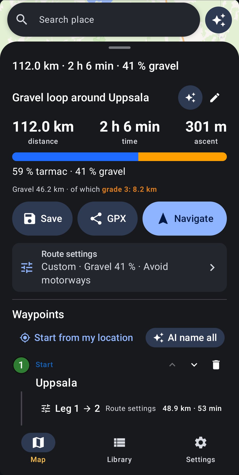 Route details: 112 km, 2 h 6 min, 59 % tarmac and 41 % gravel