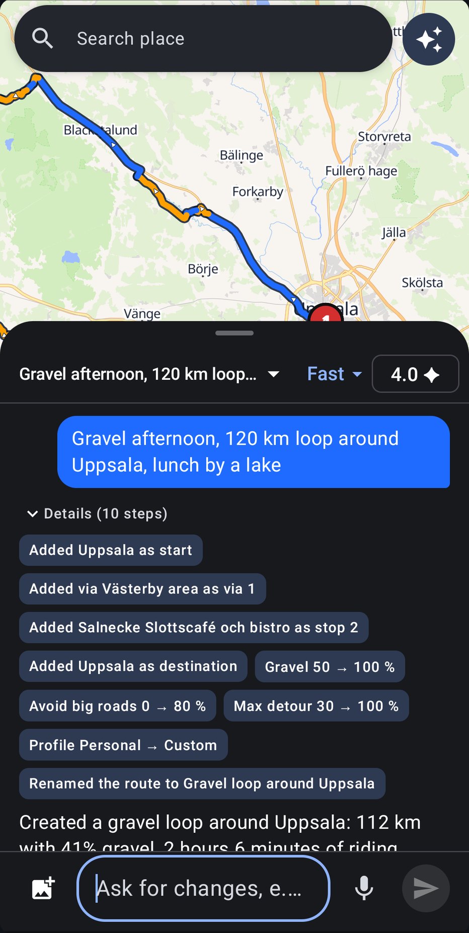 AI assistant planning a 120 km gravel loop around Uppsala with lunch by a lake