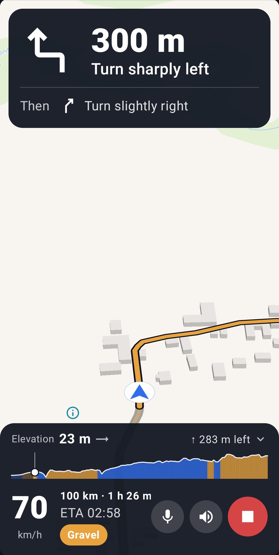 Navigation: turn sharply left in 300 m, speed 70 km/h, surface gravel